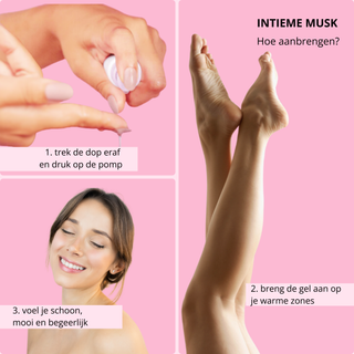 Visuele handleiding in drie stappen voor het aanbrengen van Muski intieme musk gel op warme zones.