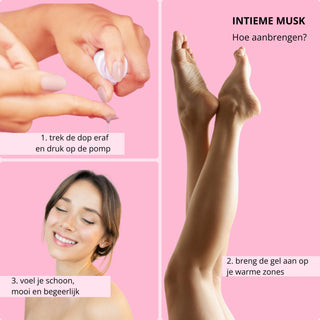 Visuele handleiding in drie stappen voor het aanbrengen van Muski intieme musk gel op warme zones.