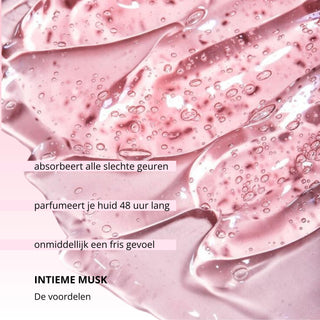 Close-up van roze Muski intieme musk geltextuur die hydrateert en tot 48 uur parfumeert.