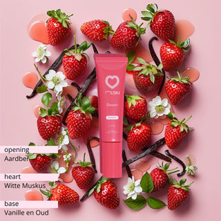  Muski Romantic intieme musk tube omringd door verse aardbeien, witte bloemen en vanillepeulen.