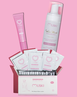 Verzorgingspakket voor vrouwen - Muski witte muskus: intieme mousse, muskusparfum en intieme doekjes (30 stuks)