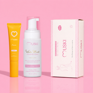 Muski Signature Set met Passion Intieme Musk (Monoï), White Musk Intieme Wasmousse 200ml en Intieme Doekjes 30 stuks – alcoholvrij en dermatologisch getest
