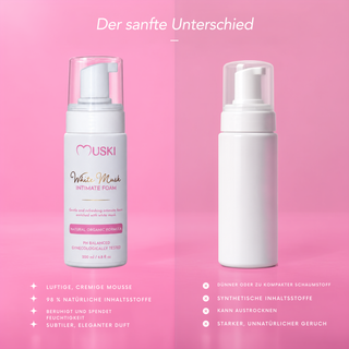 Muski Waschschaum im Vergleich zu gewöhnlicher Seife: luftige Mousse und 98 % natürliche Inhaltsstoffe