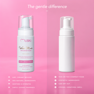 Muski wash foam compared with ordinary soap: airy mousse and 98% natural ingredients